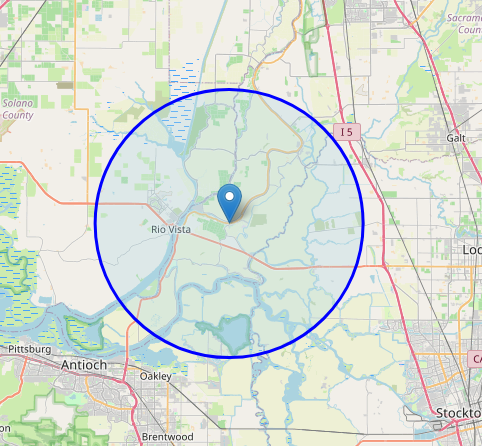 Pride Auto Wash approximate mobile service area covering Rio Vista, Trilogy, Isleton, Walnut Grove, Courtland and the surrounding California Delta